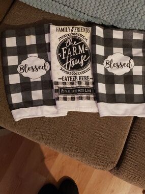 3 Piece Black and White Buffalo Check 'Blessed' Kitchen Towel Set